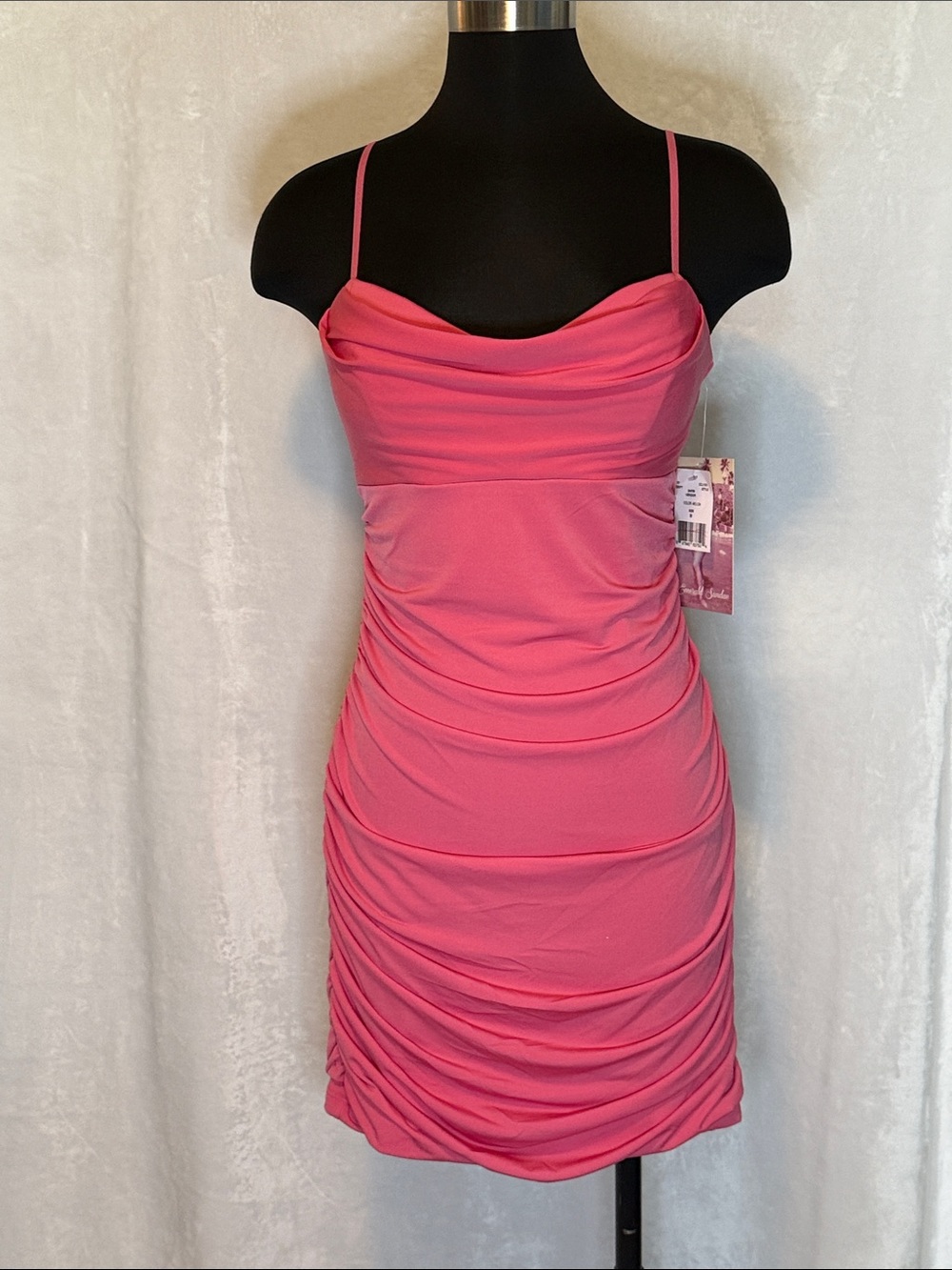 Fitted Pink Cowl Neck Spaghetti Strap Mini Dress